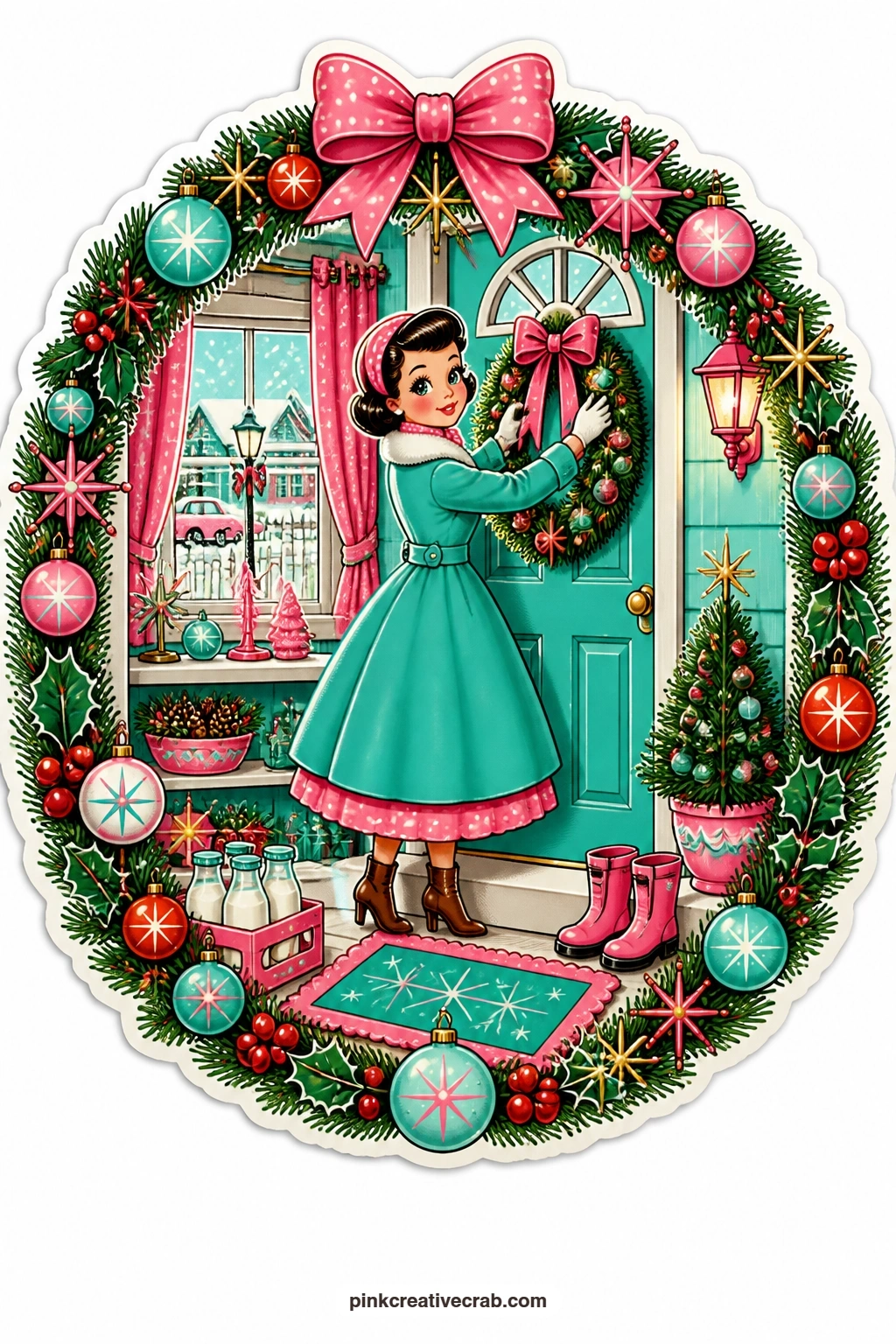 The Wreath on the Front Door printable page — hanging a fresh wreath on her own front door, a lady stands framed inside a wreath-shaped doorway, a doormat