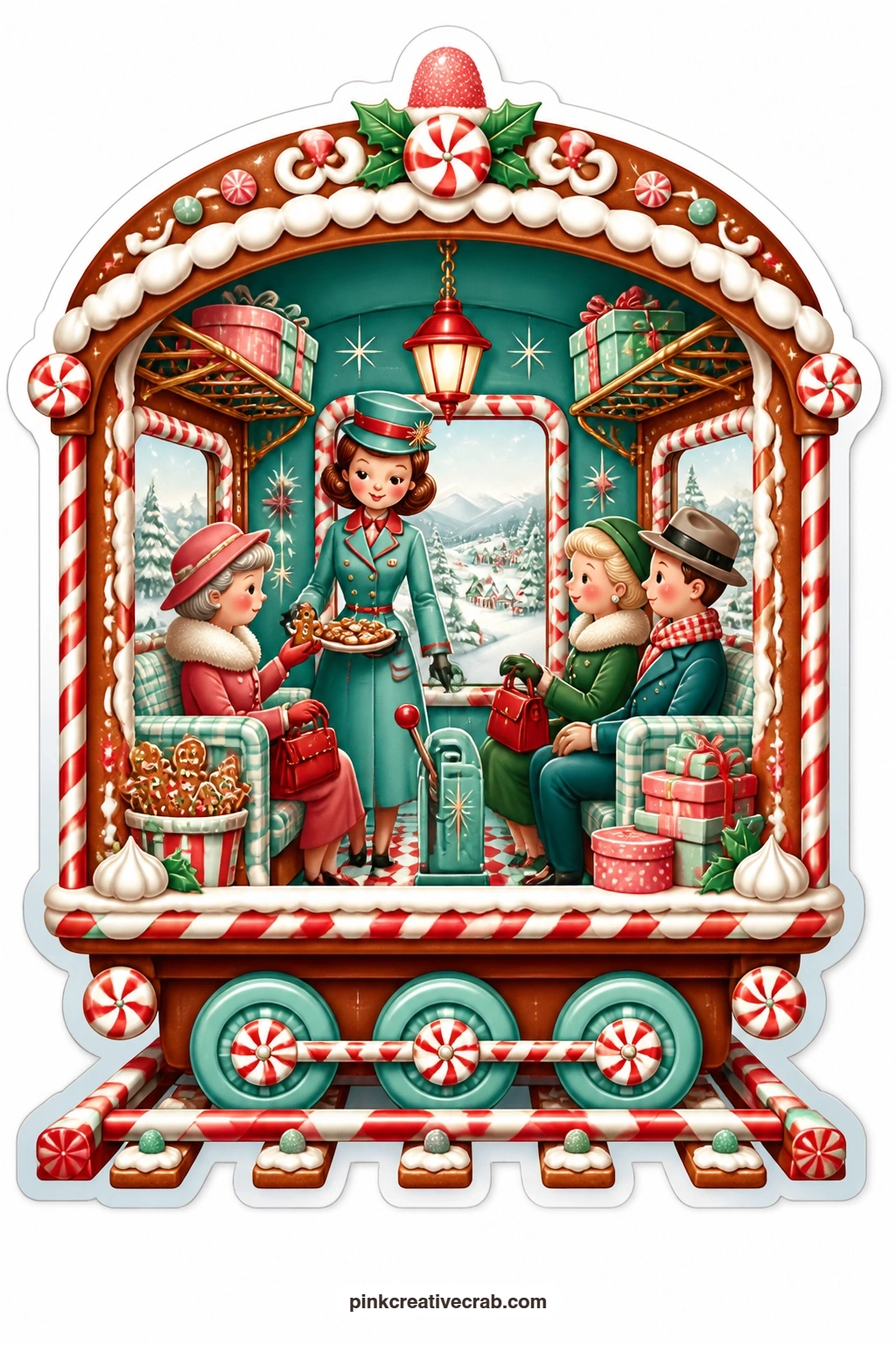 The Gingerbread Train Car printable page — passing out cookies to passengers, a lady moves through a gingerbread train car opened at the side, candy-cane rails