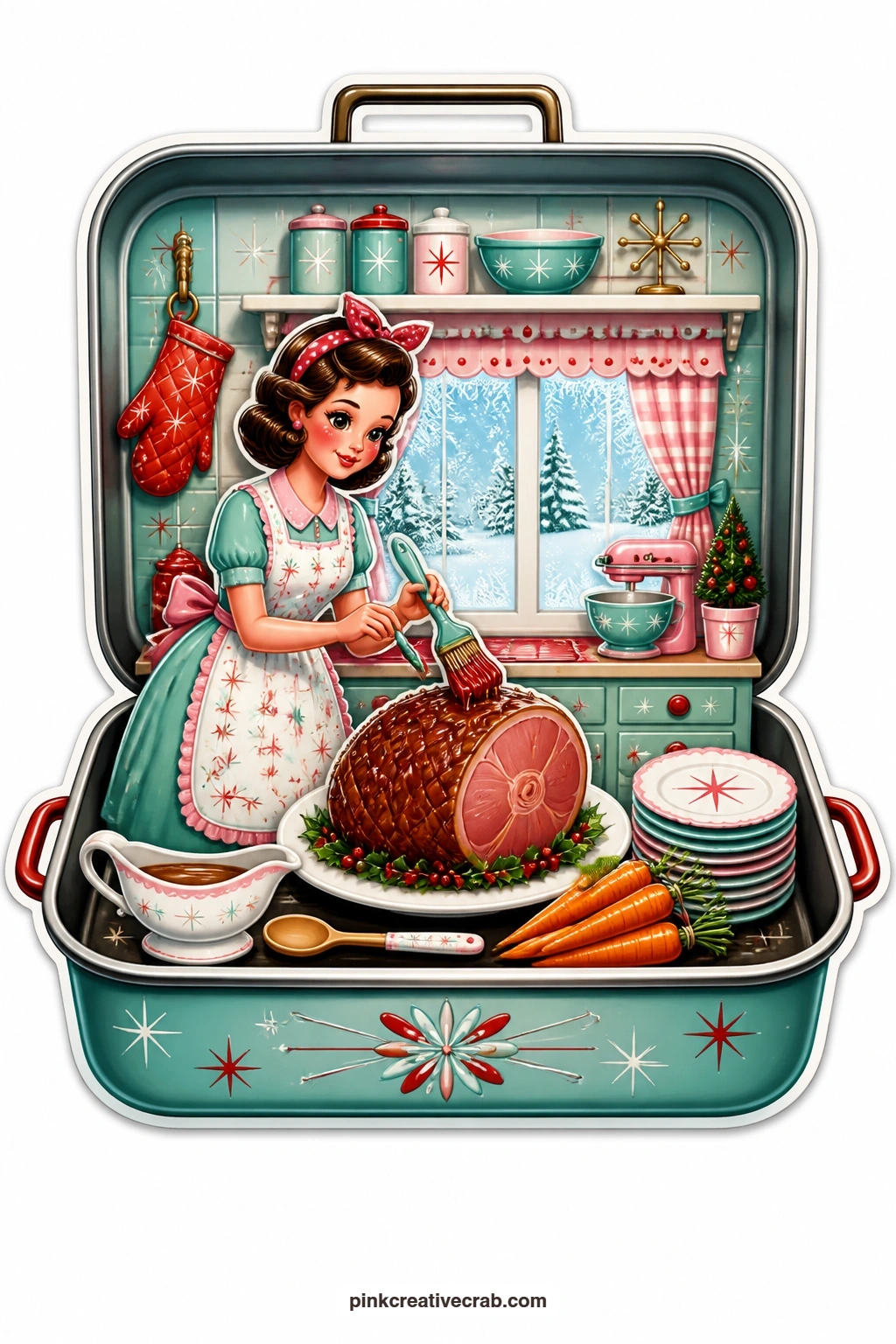The Roasting Pan Kitchen printable page — glazing the Christmas ham with a long-handled brush, a housewife stands inside a roasting pan opened like a kitchen