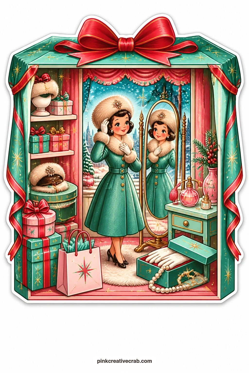 The Department Store Fur Hat printable page — trying on a fur hat before a tall mirror, a lady admires herself inside a department store box opened at the