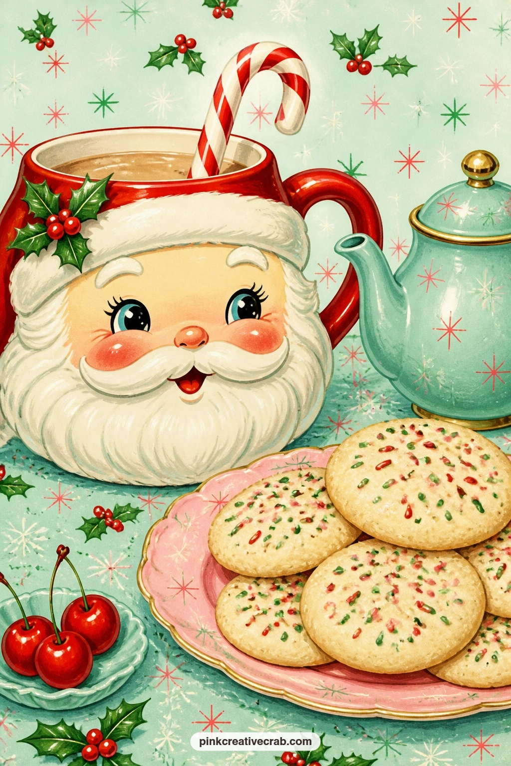 Santa Mug And Sprinkle Cookies printable page — A Santa face mug with a candy cane propped inside sits beside a plate stacked with sprinkle cookies, ready to