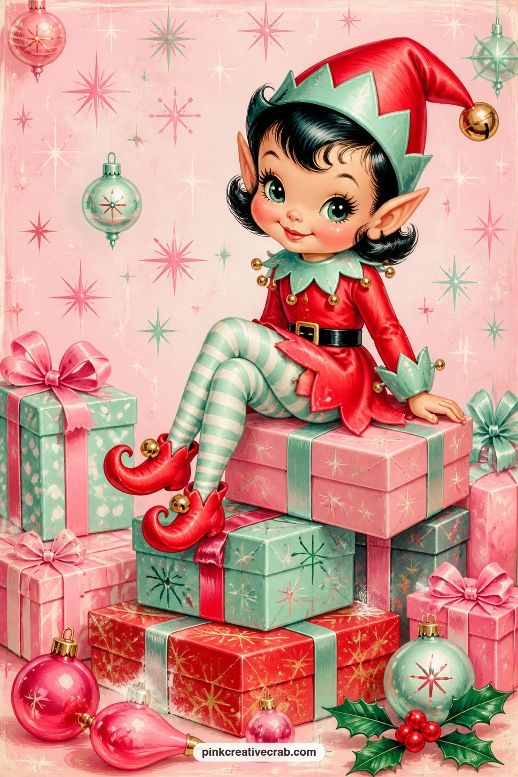 Pixie Elf On Presents printable page — Pair this page with the tiny Santa face and sparkle background later in this set, sliding a strip of that paper behind