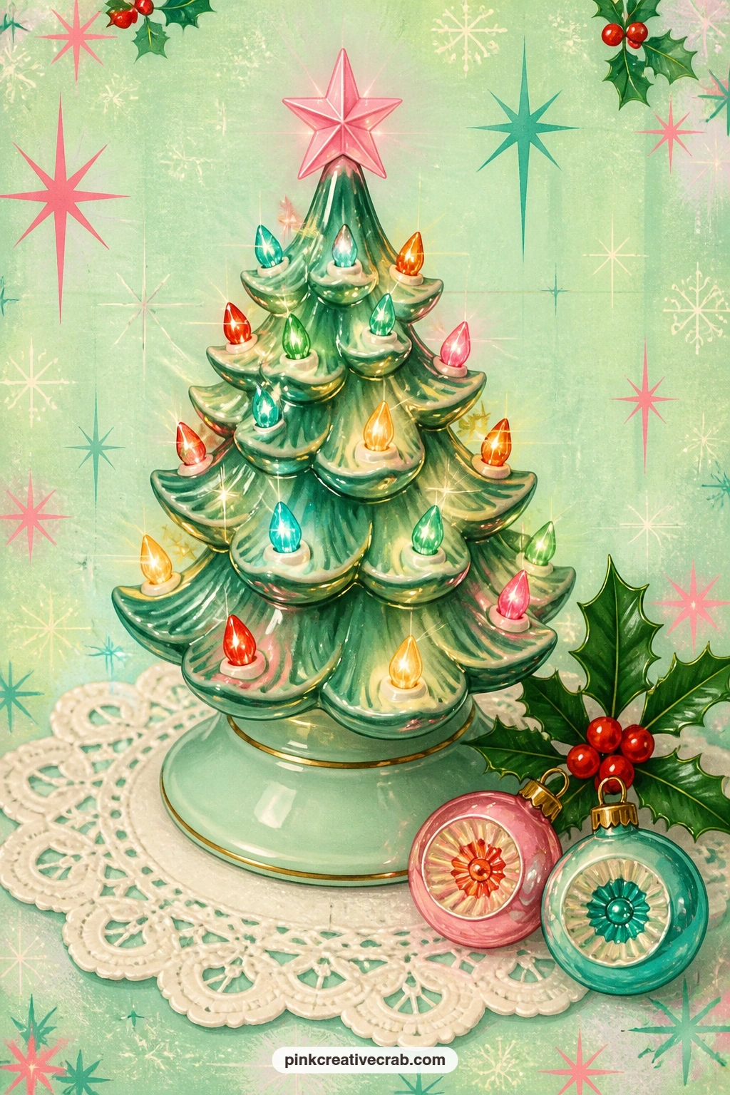 Ceramic Tree Lamp On Doily printable page — The glow of a ceramic Christmas tree lamp sitting on a lace doily makes a gentle page for the quieter corner of