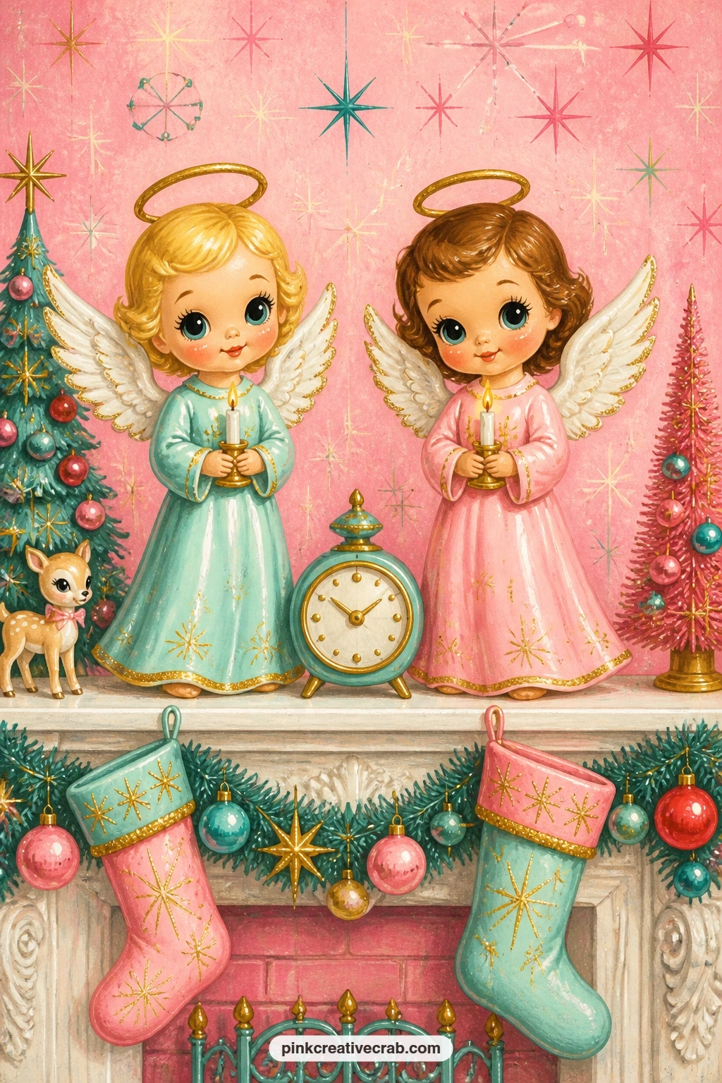 Angel Pair On The Mantel printable page — The usual mistake with a mantel page is leaving it too empty behind the figures, so fill the space with a garland, a