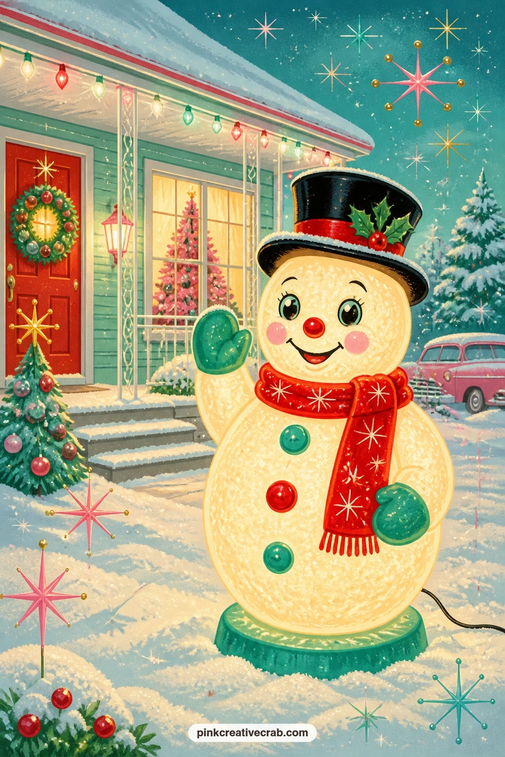 Light-Up Snowman On The Lawn printable page — A plastic light-up snowman glows on a snowy front lawn at night, its round body lit from within, while a string