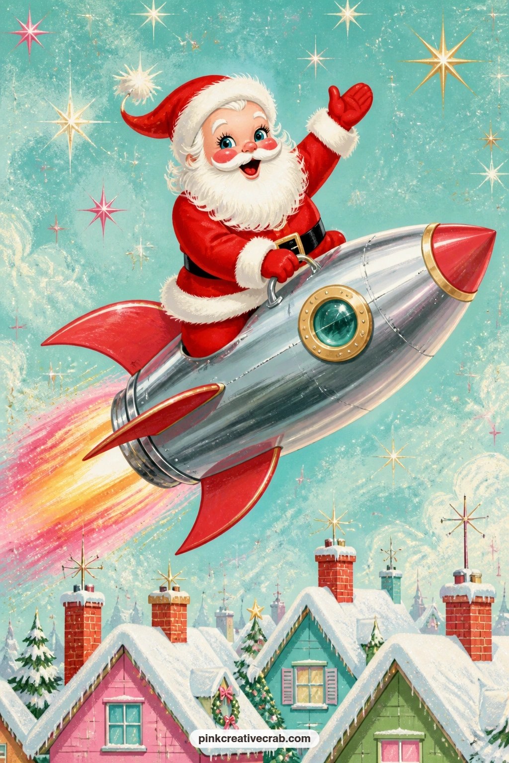 Santa On A Rocket Ship printable page — Try tea-staining just the bottom edge of this sheet before gluing it in, so the rocket trail and the staining both read