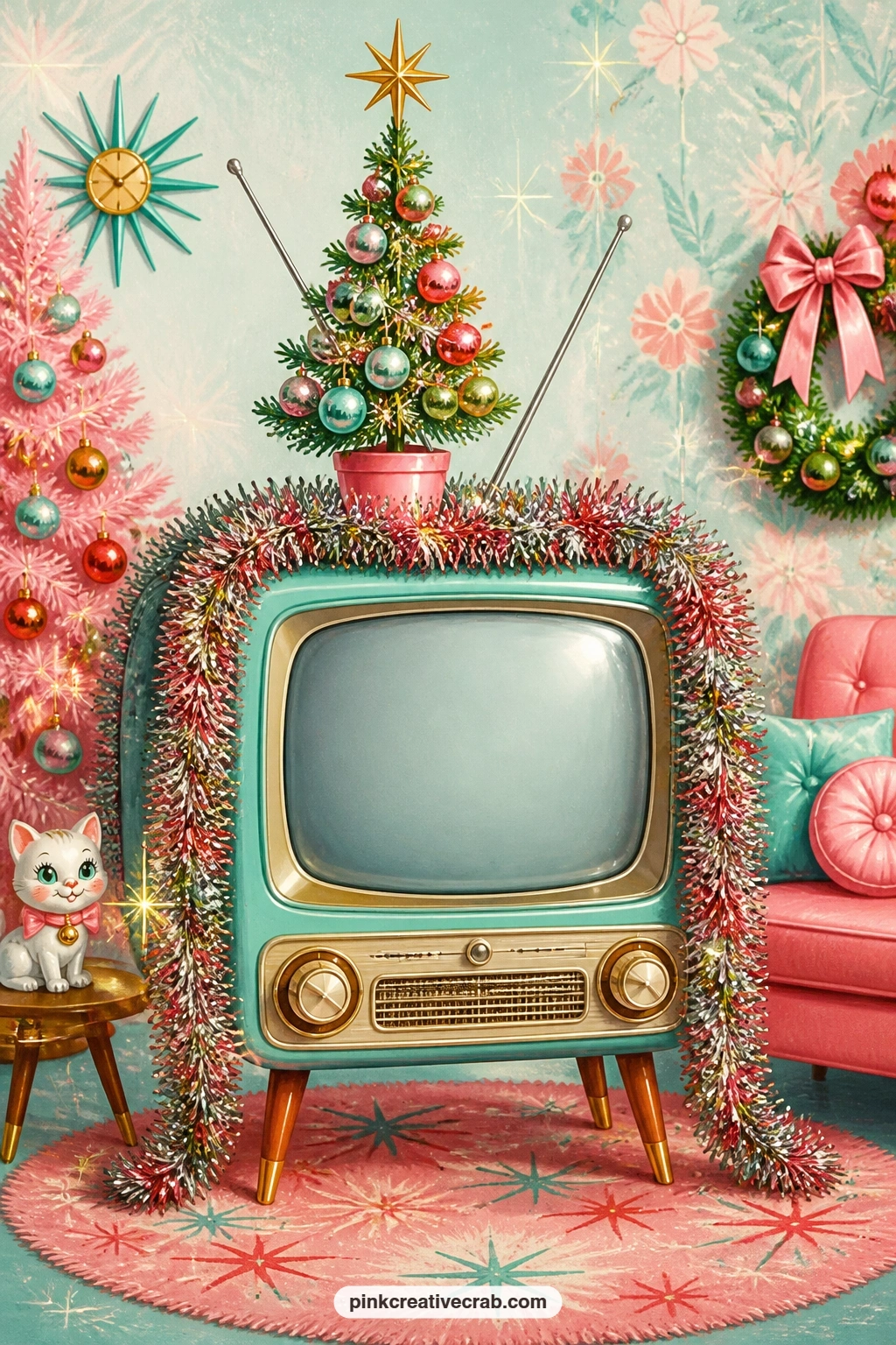 Tinsel Garland On The Television printable page — Thick tinsel garland drapes over the top of an old television set, with a tiny tabletop tree perched right on