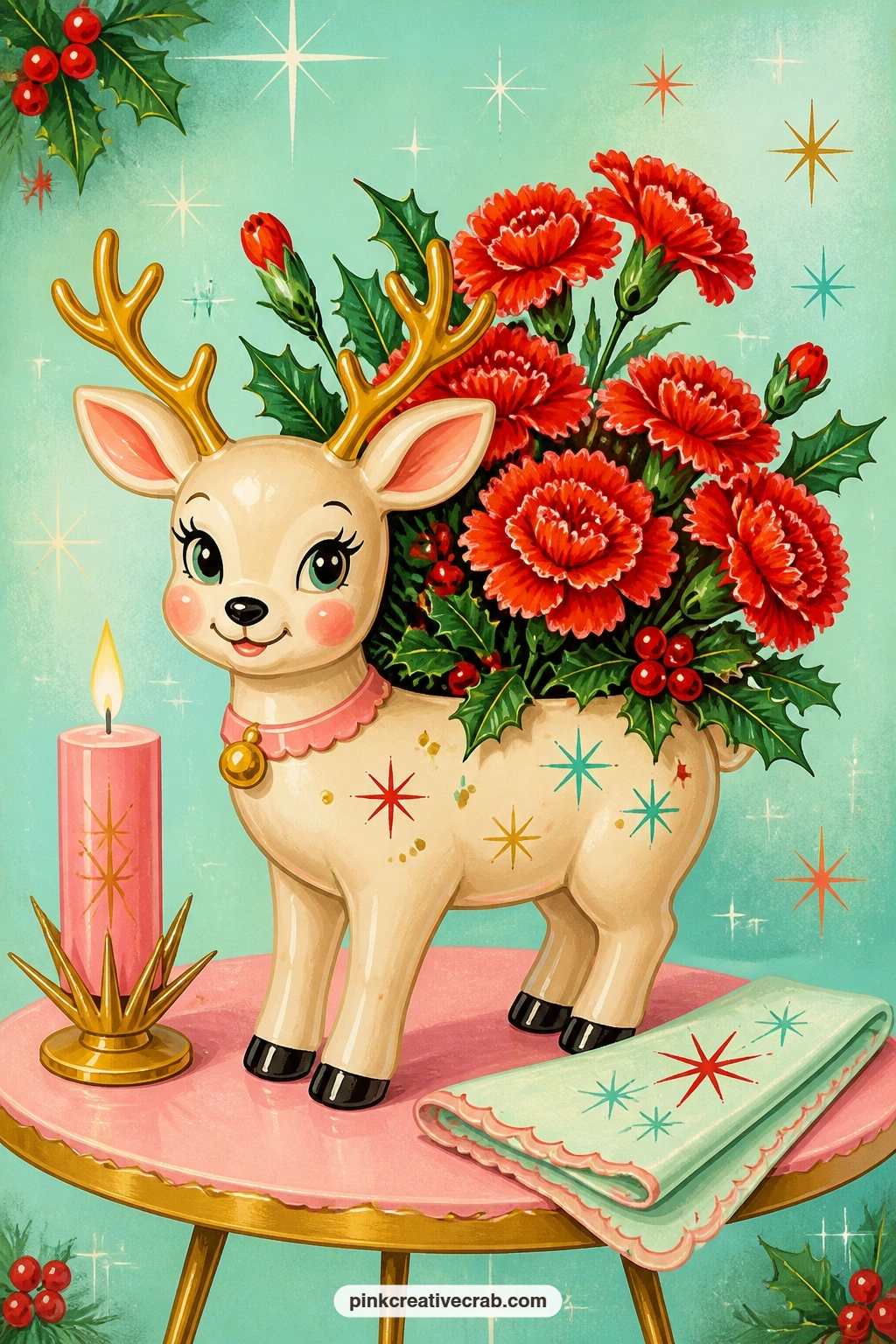 Reindeer Planter With Carnations printable page — A reindeer-shaped planter holds a cluster of red carnations and holly sprigs, the kind of piece that sits
