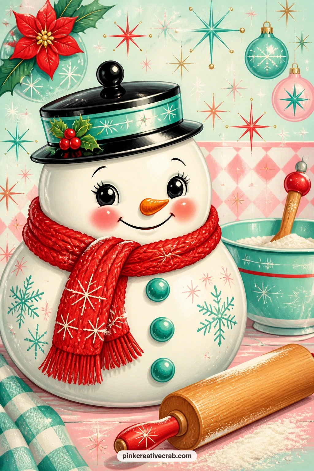 Snowman Cookie Jar And Scarf printable page — A round snowman cookie jar wears a knitted red scarf, standing beside a wooden rolling pin dusted lightly with