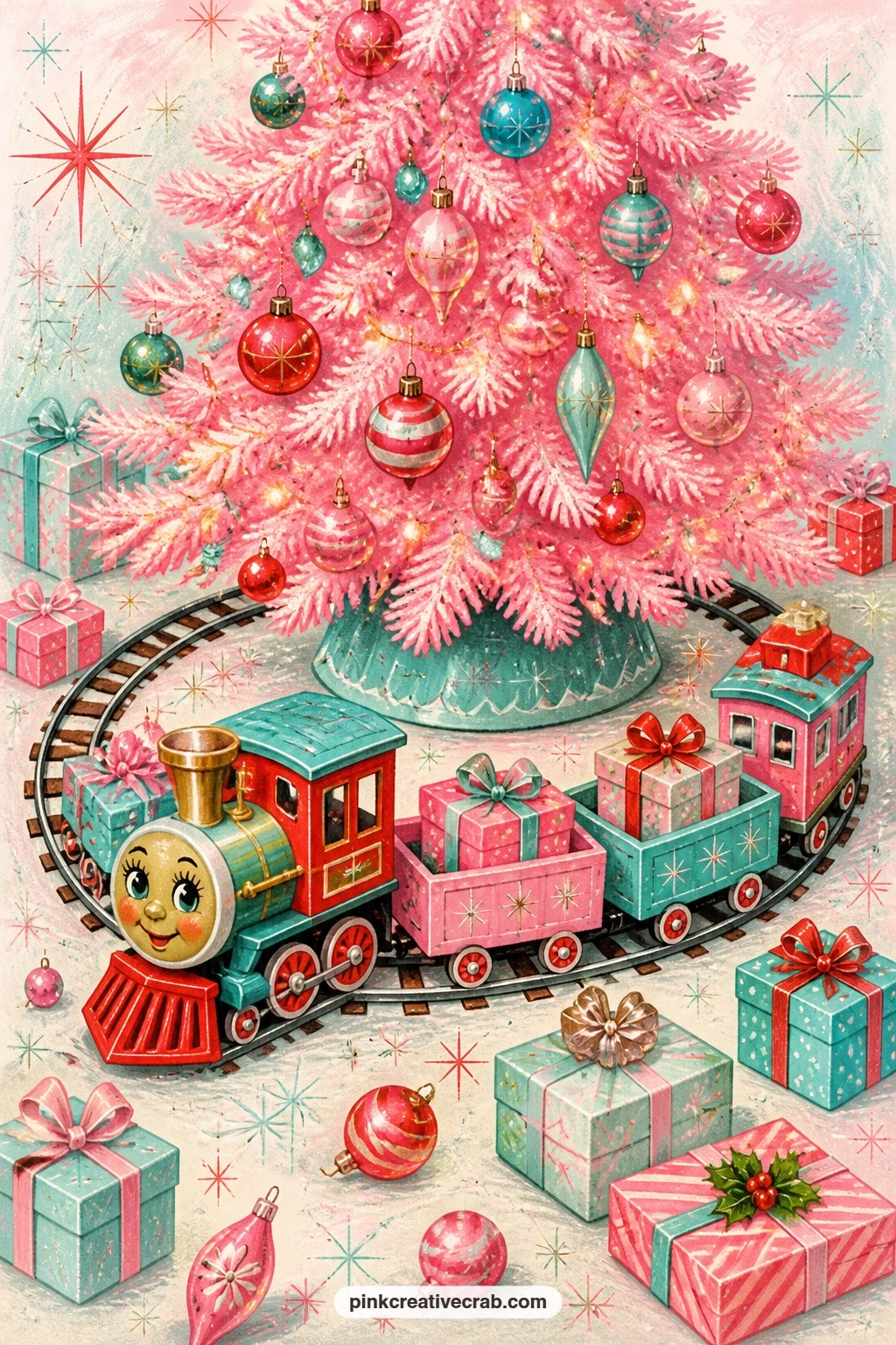 Toy Train Around The Pink Tree printable page — A toy train loaded with wrapped presents circles the base of a flocked pink tree, its little smokestack puffing