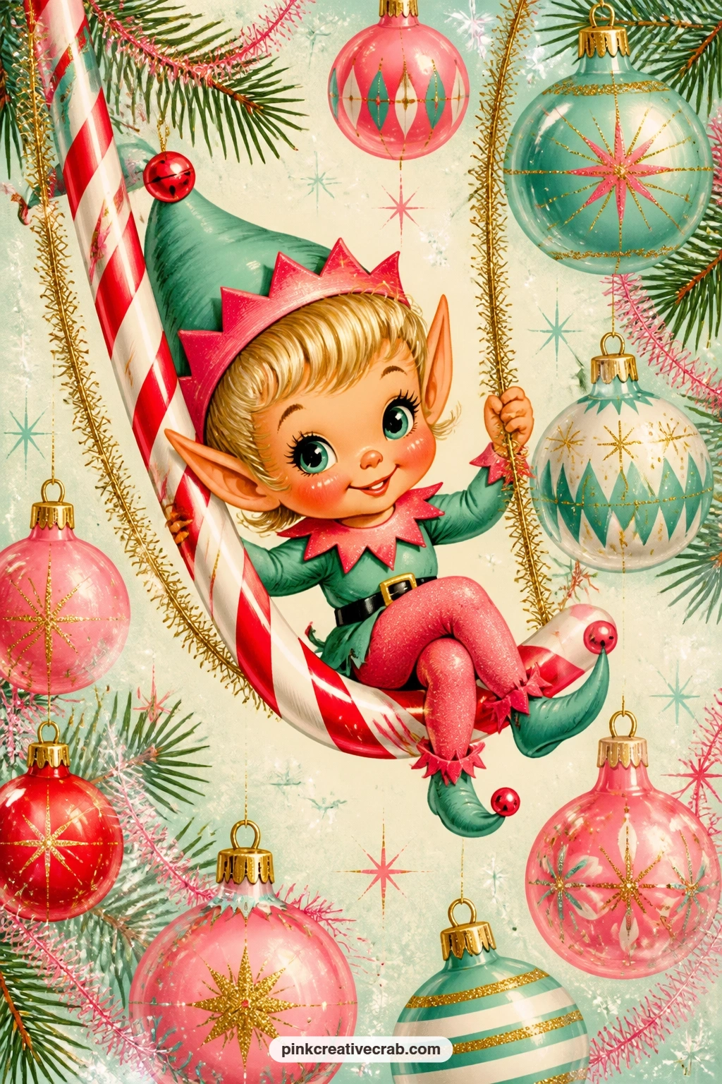 Pixie Elf On The Candy Cane Swing printable page — Pair this page with the glass ornament and tinsel dot background further along in this set, using a strip of