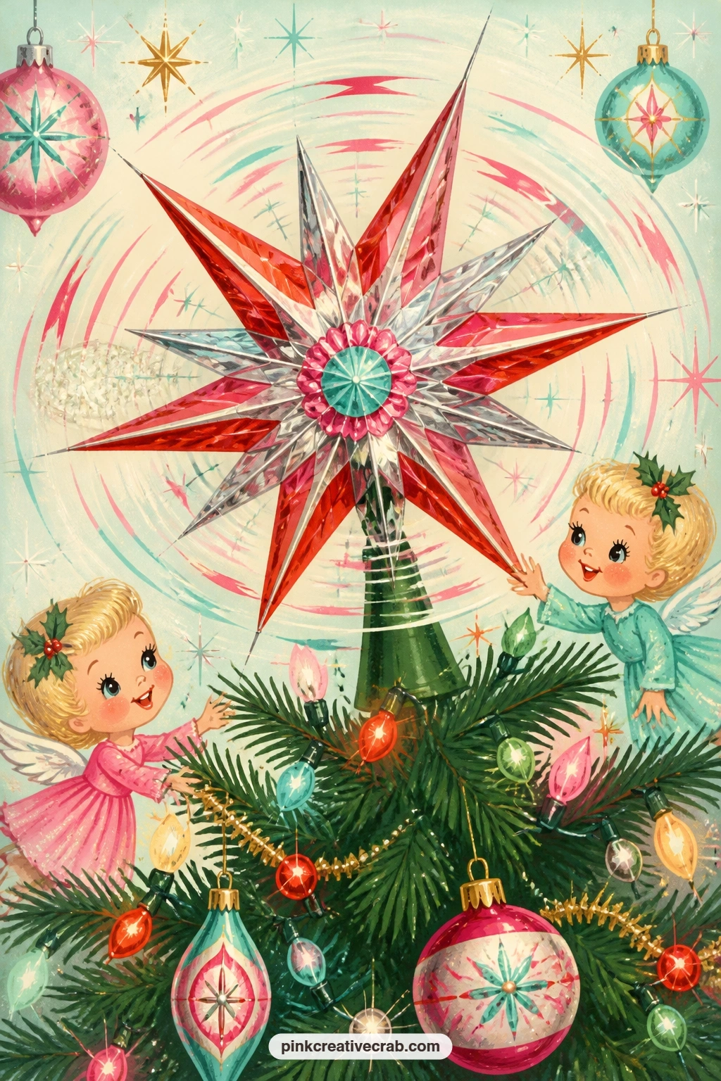 Spinning Foil Star Topper printable page — A vintage tree topper star with foil rays that once spun under the heat of the old bulbs sits at the very top of