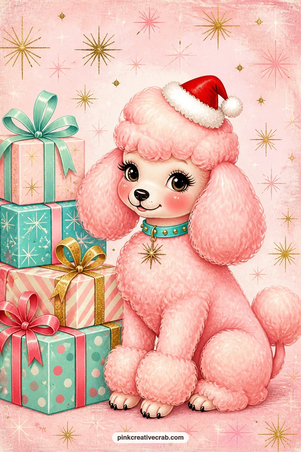 Kitsch Poodle In A Santa Hat printable page — The usual mistake with a pet page is making the animal the only thing on the sheet, so a small stack of wrapped