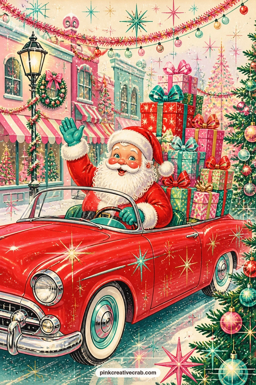 Santa In A Red Convertible printable page — A jolly Santa drives a shiny red convertible piled high with wrapped presents, waving with one arm as the car rolls