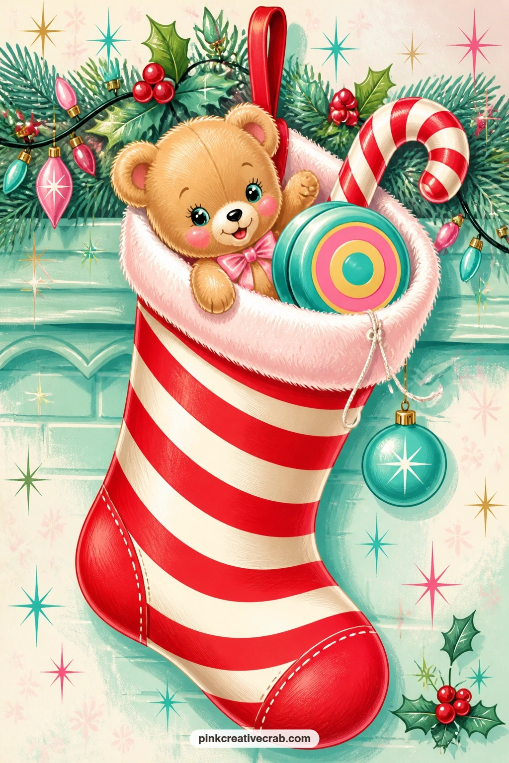 Stocking Full Of Toys printable page — A red and white stocking spills over with a teddy bear, a bright yo-yo and a candy cane, each toy tumbling just slightly