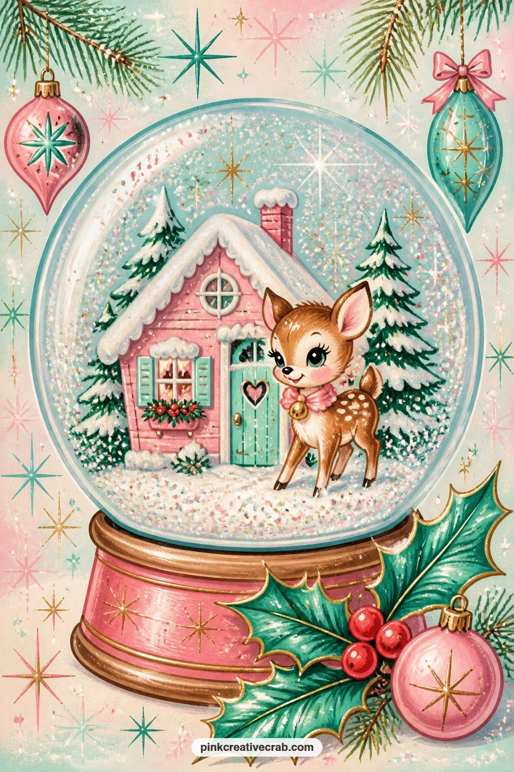 Pink Cottage Snow Globe printable page — Close out the scene pages with this snow globe holding a pink cottage and a big-eyed deer inside swirling glitter, a