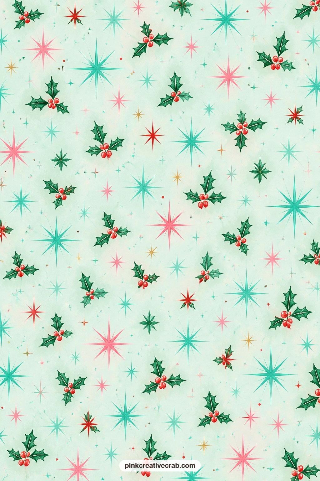 Starburst And Holly Pattern printable page — Layer this mint green starburst and holly sprig pattern under a photo corner, line the inside of a pocket with it