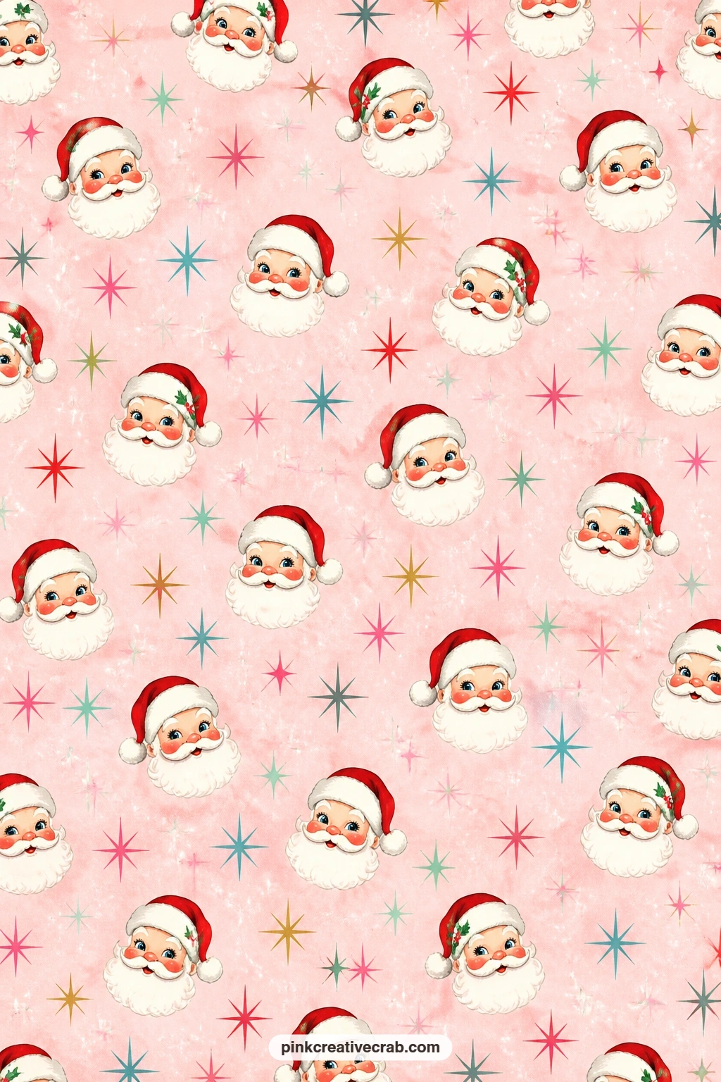 Santa Face And Sparkle Pattern printable page — Try this pale pink sheet with tiny Santa faces and sparkles as a journal cover, tucked behind the pixie elf