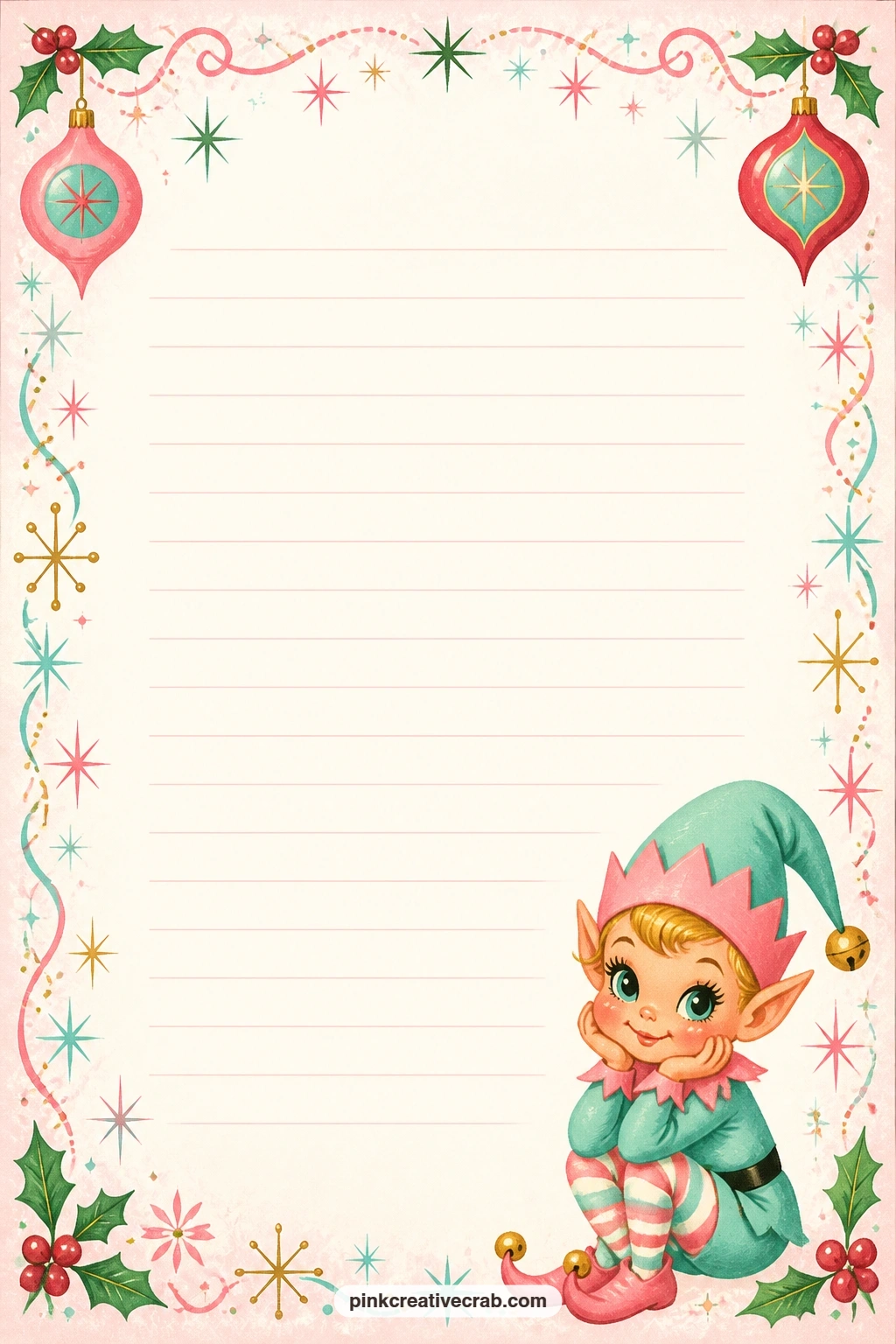 Pixie Elf Corner Lined Page printable page — The pixie elf tucked into one corner leaves plenty of room for a holiday menu, a packing list for visiting family