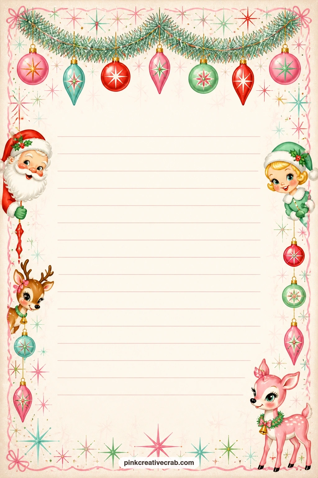 Tinsel Garland Band Lined Page printable page — A band of tinsel garland runs across the very top of this page, leaving the ruled lines below free for a cookie