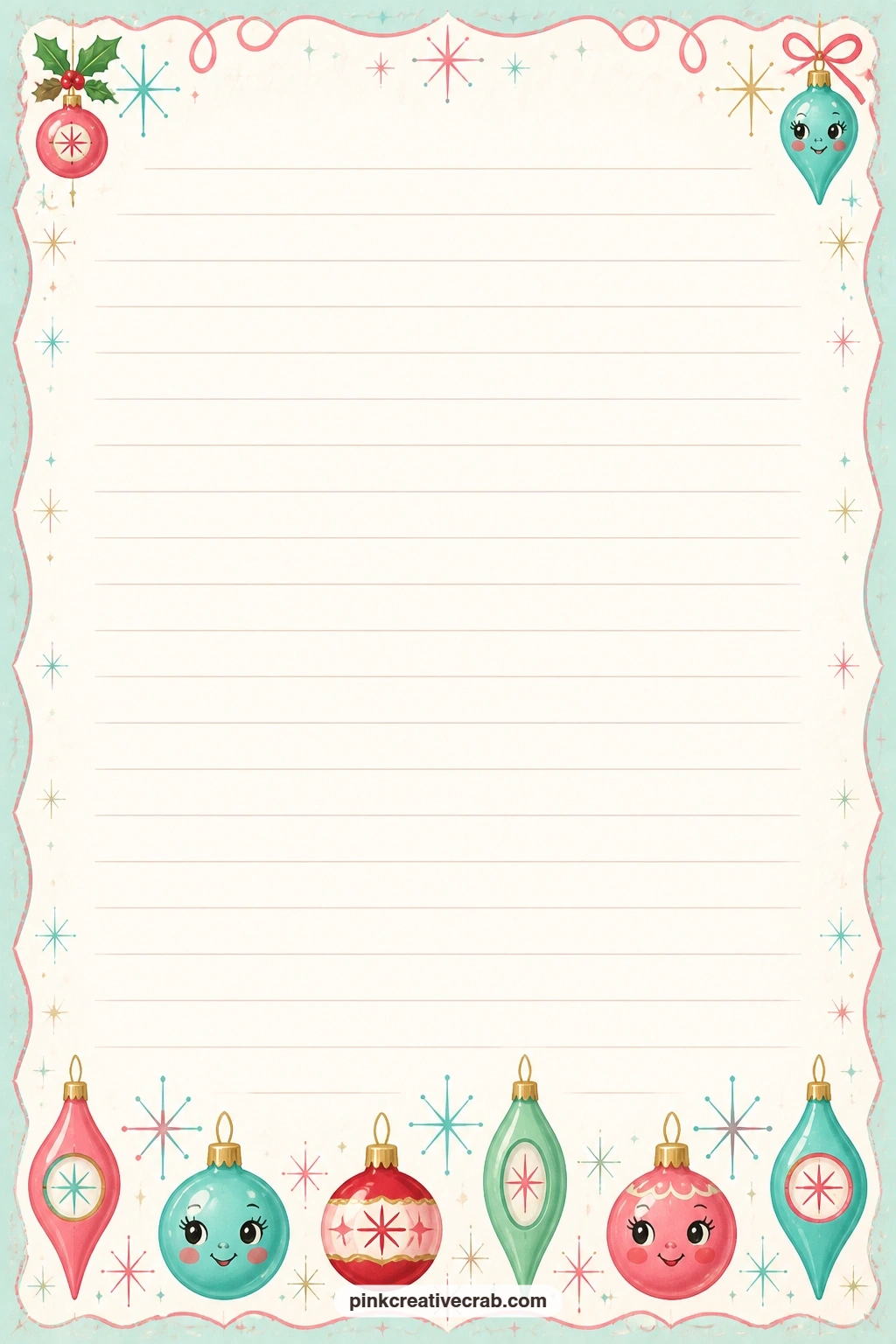 Starburst Footer Lined Page printable page — The starburst and ornament footer along the bottom edge pairs well with a letter to next year, a list of