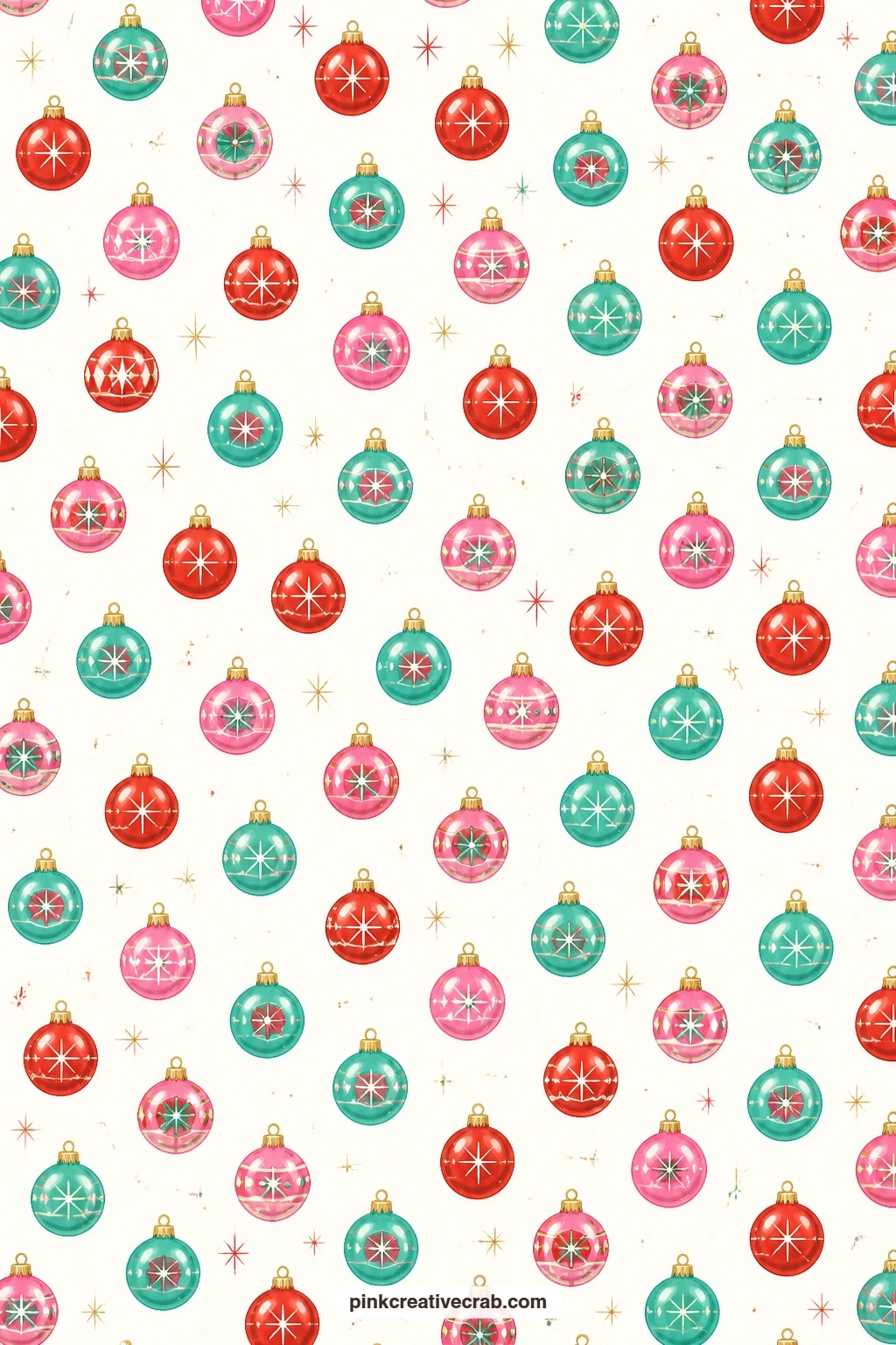 Shiny Brite Ornament Toss Paper printable page — Small teal, pink and red ornaments scattered on white make a cheerful base for a photo on a journal spread