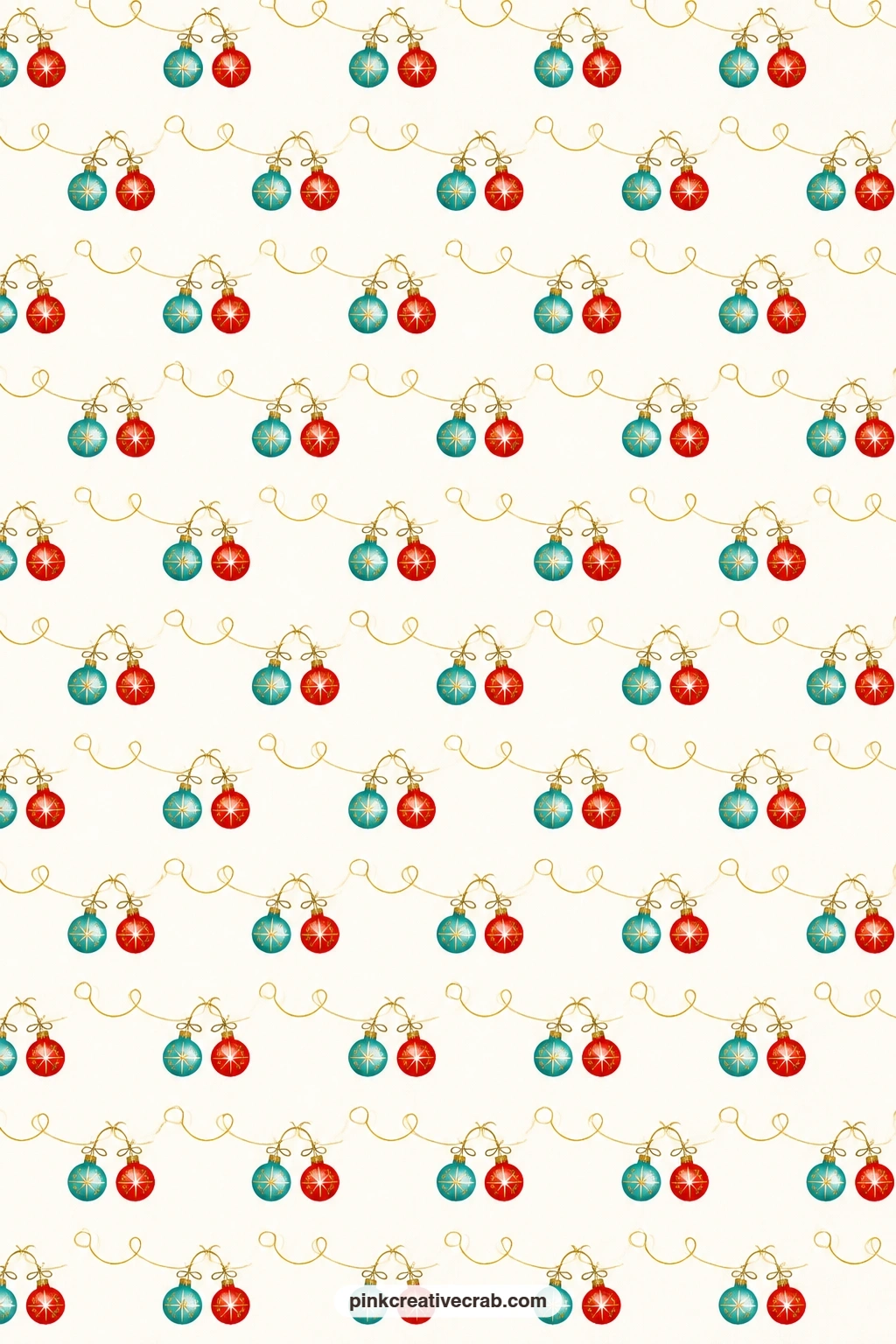 Curly Gold Line Bauble Paper printable page — Teal and red baubles hang from a curling gold line across white, a good match beside the ornament toss sheet for