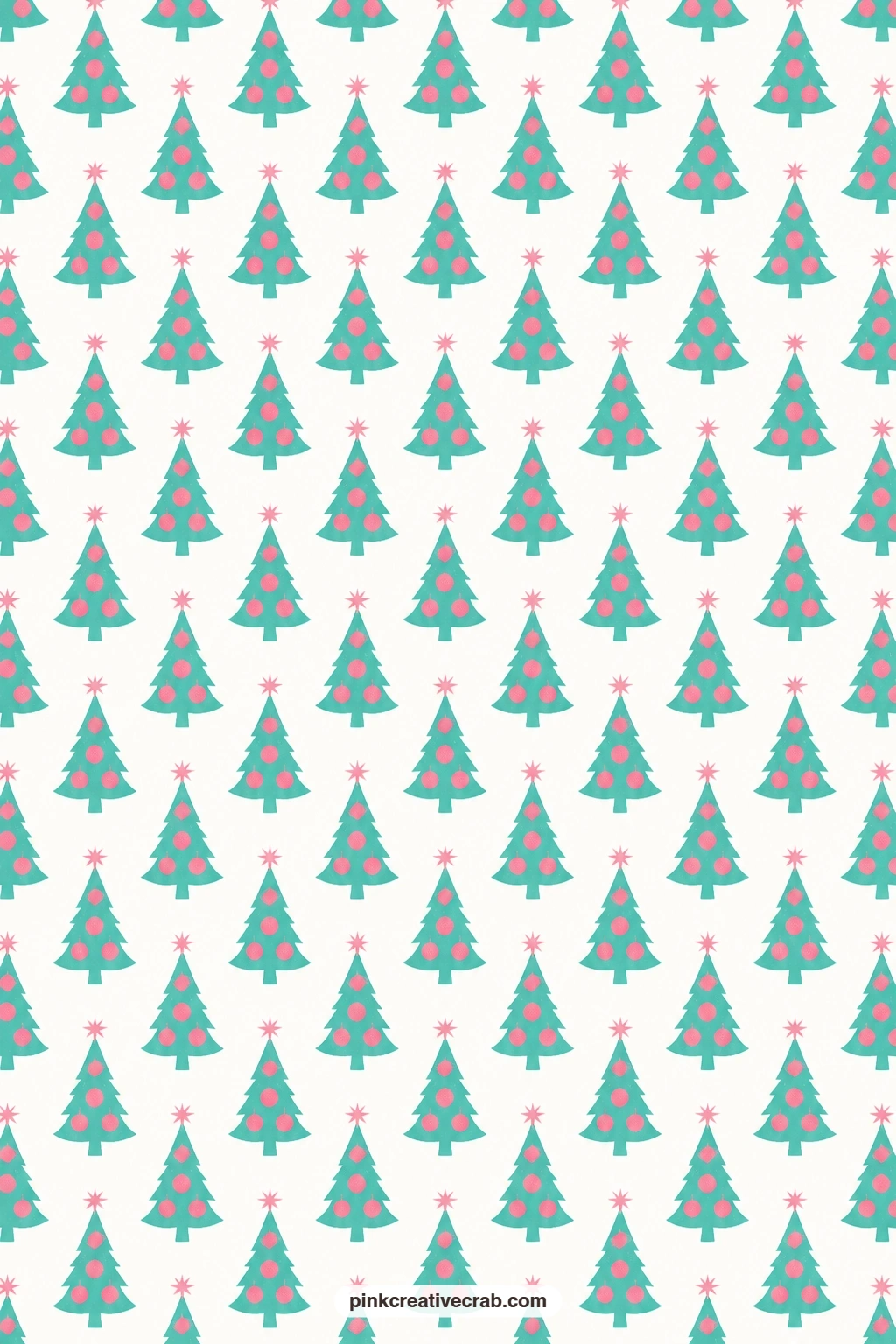 Teal Tree Pink Ornament Paper printable page — Rows of teal Christmas trees hung with pink ornaments sit on white, sturdy enough to line a small gift box or a
