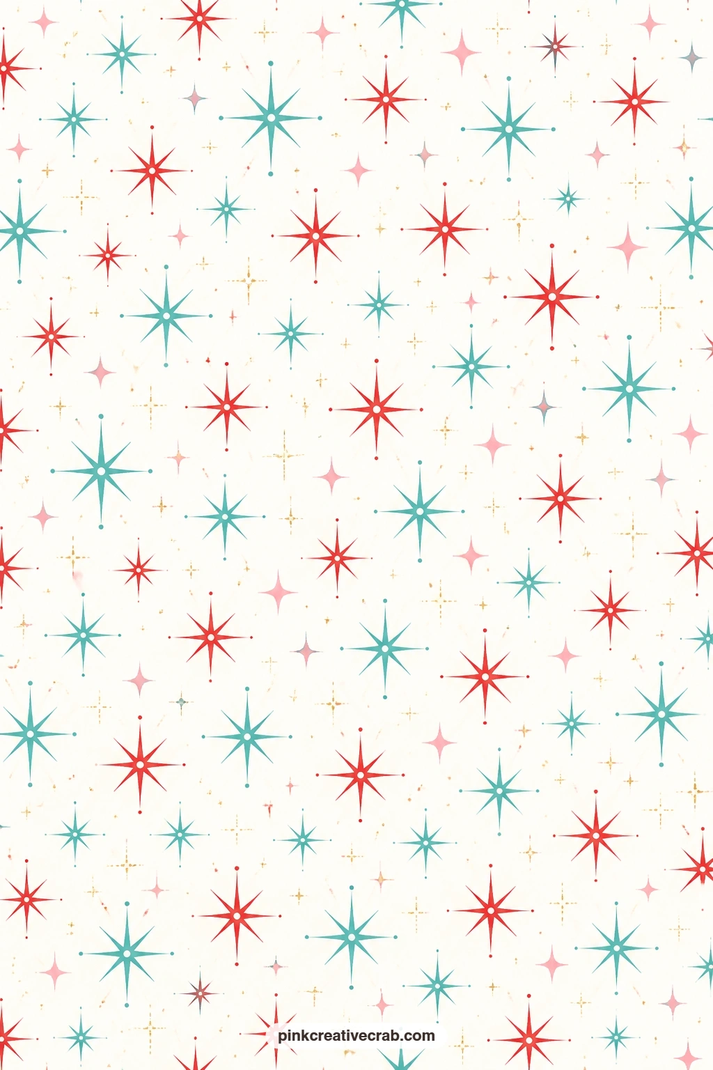 Sputnik Star Sparkle Paper printable page — Red and teal sputnik stars with little sparkles cover white in a busy, fun pattern, ideal for wrapping a small gift