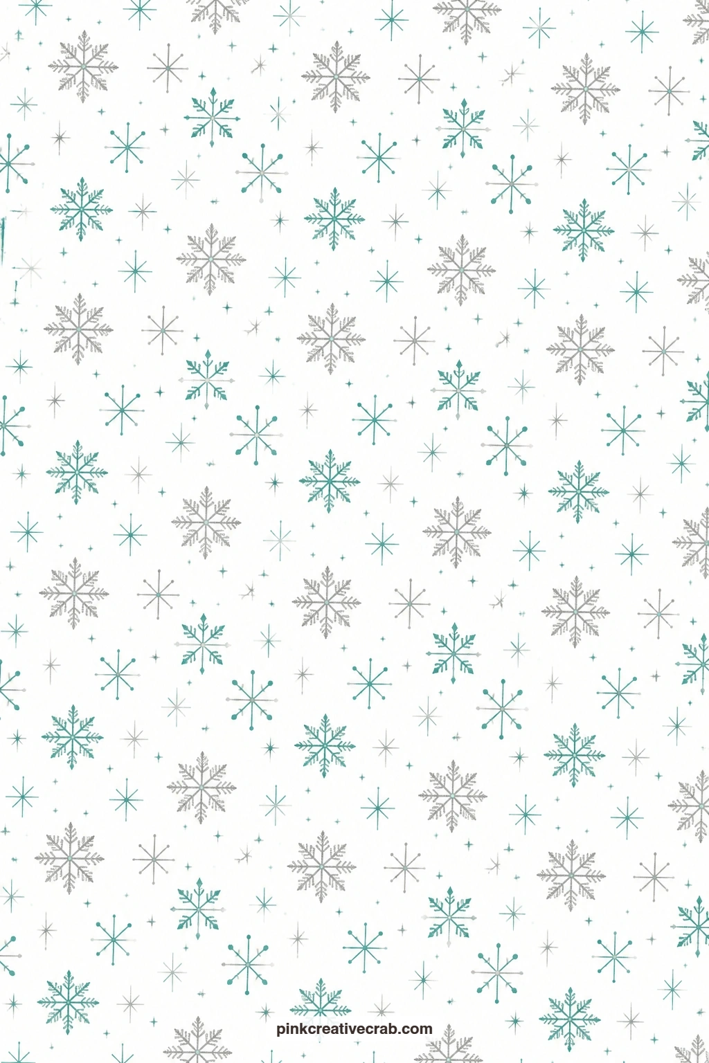 Silver Snowflake Atomic Star Paper printable page — Glitter-look snowflakes and atomic stars in silver and teal scatter over white, pairing nicely with the