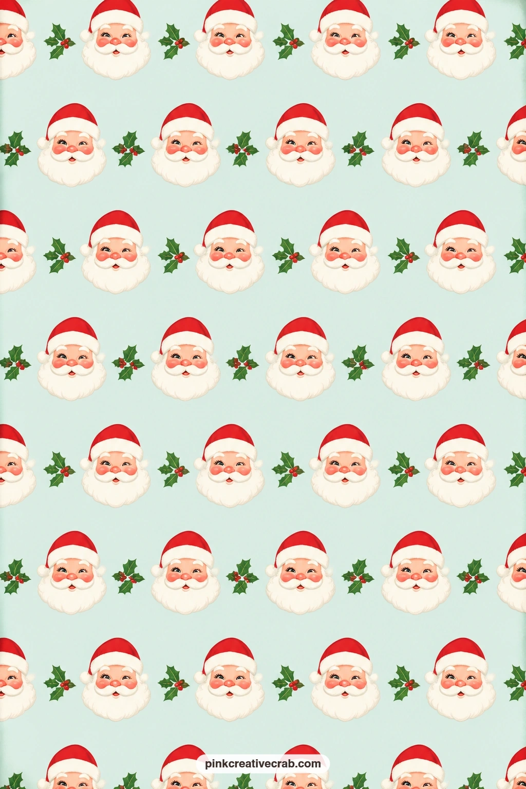 Santa Face Holly Row Paper printable page — Jolly Santa faces line up in neat rows on pale aqua with tiny holly sprigs between them, good as a card mat behind