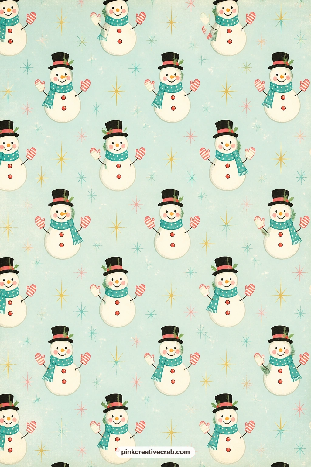 Top Hat Snowman Paper printable page — Jolly snowmen in top hats and mittens dot pale aqua, a fun lining for an envelope tucked into a vintage Christmas junk