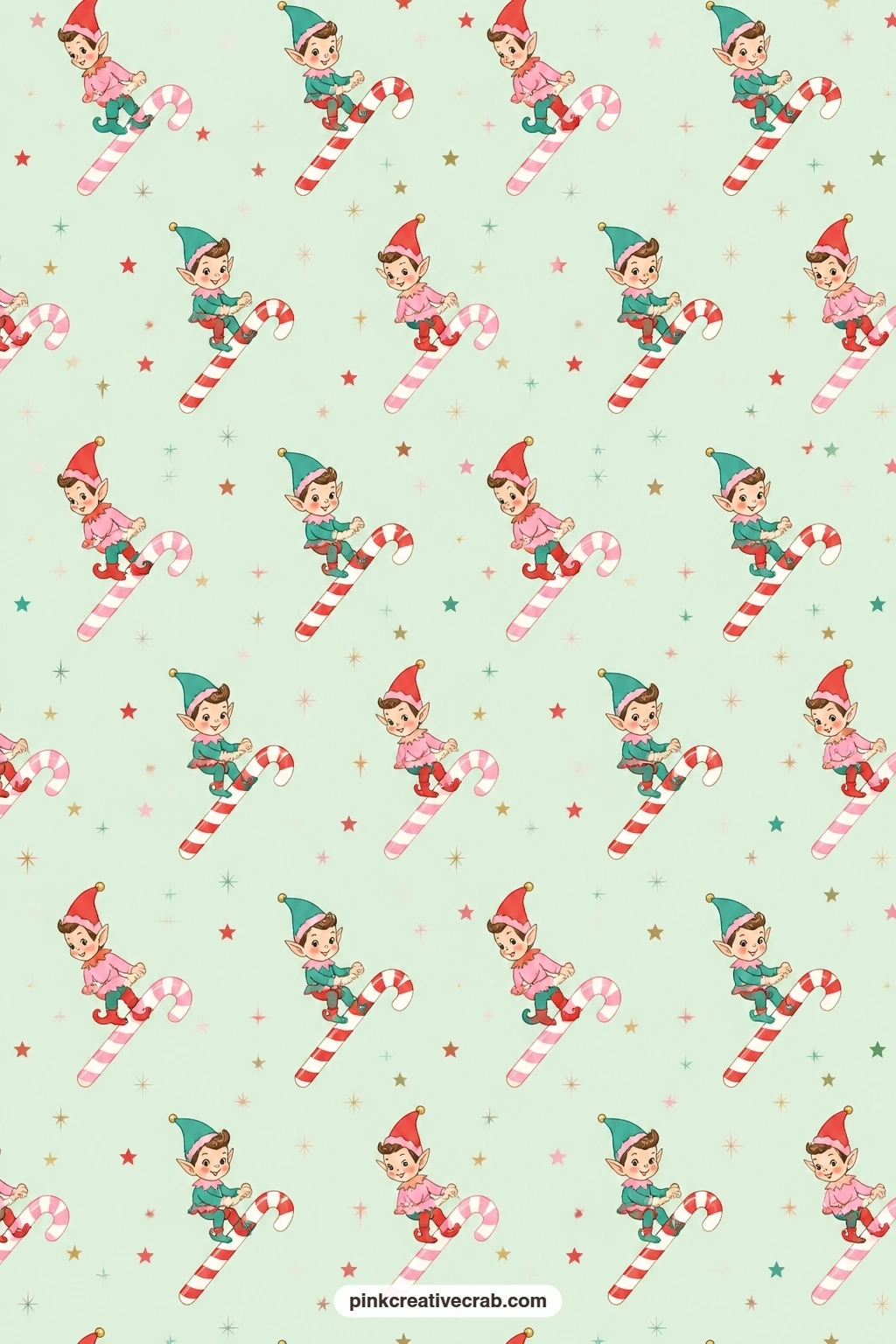 Candy Cane Elf Paper printable page — Elves sit on candy canes with little stars scattered around them on mint, best used as a folio cover for small keepsake