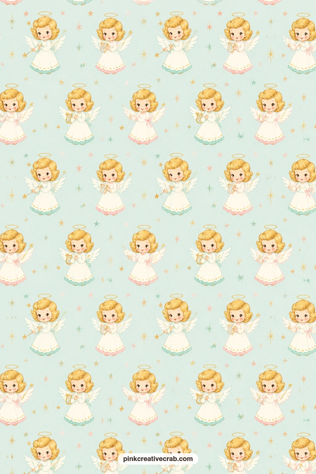 Spaghetti Angel Halo Paper printable page — Spaghetti-haired angels with gold halos float across pale aqua, a soft base layer under a sticker or diorama