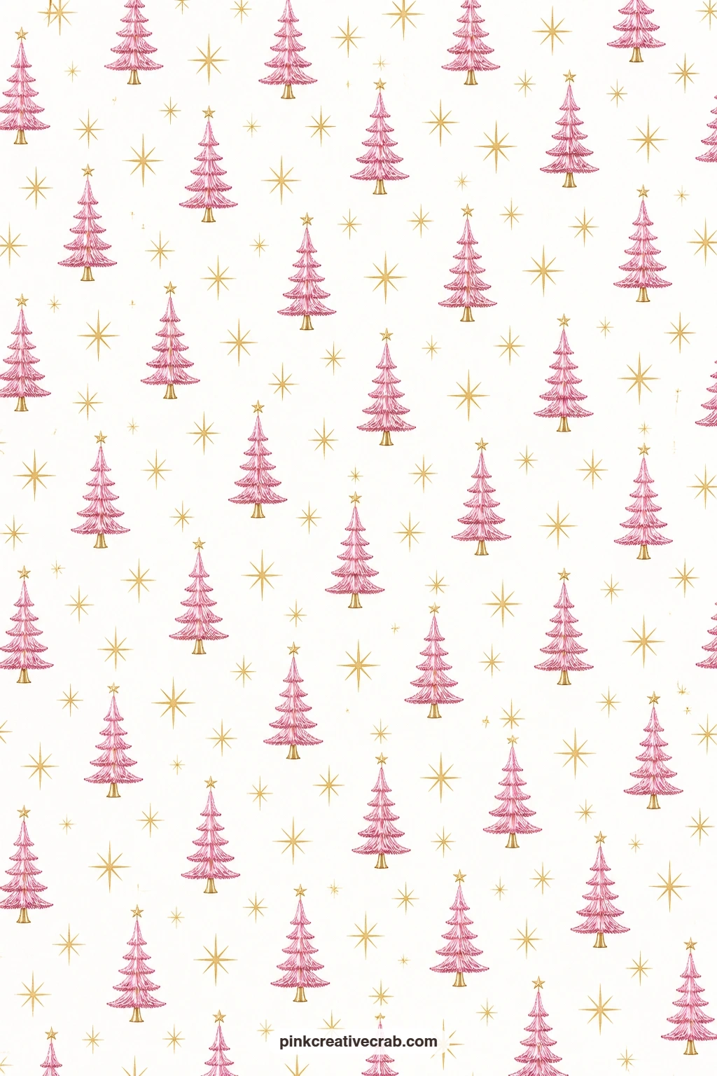 Pink Aluminum Tree Starburst Paper printable page — Pink aluminum trees and gold starbursts scatter loosely on white, a strong choice for wrapping a small gift