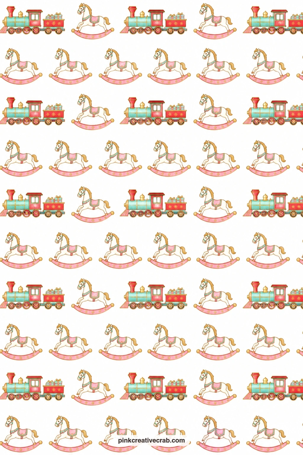 Toy Train Rocking Horse Paper printable page — Toy trains and rocking horses alternate in rows across white, pairing well with the Christmas tree painting