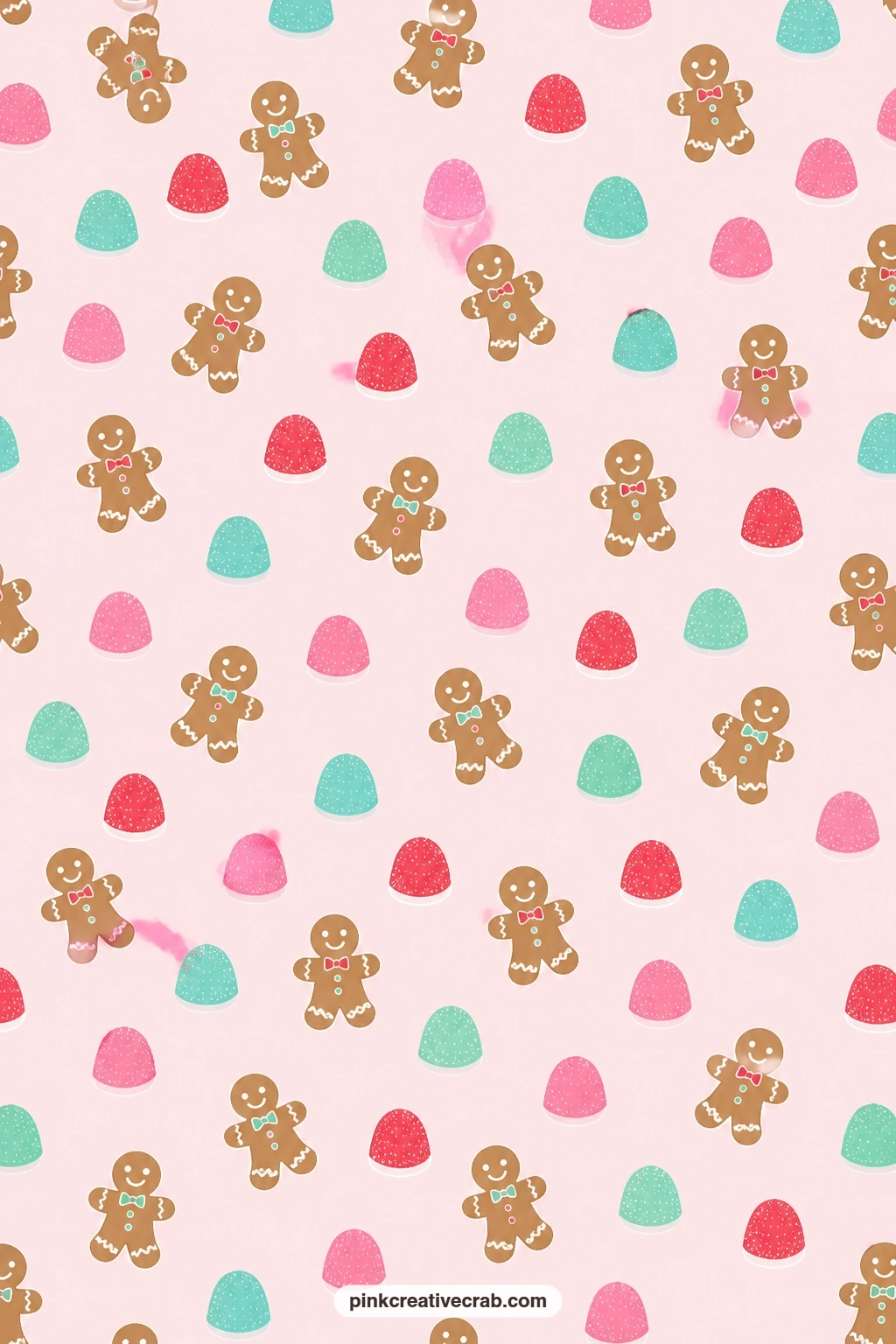 Gingerbread Gumdrop Toss Paper printable page — Tiny gingerbread men and gumdrops toss across pale pink, a sweet pocket lining for a journal page about holiday