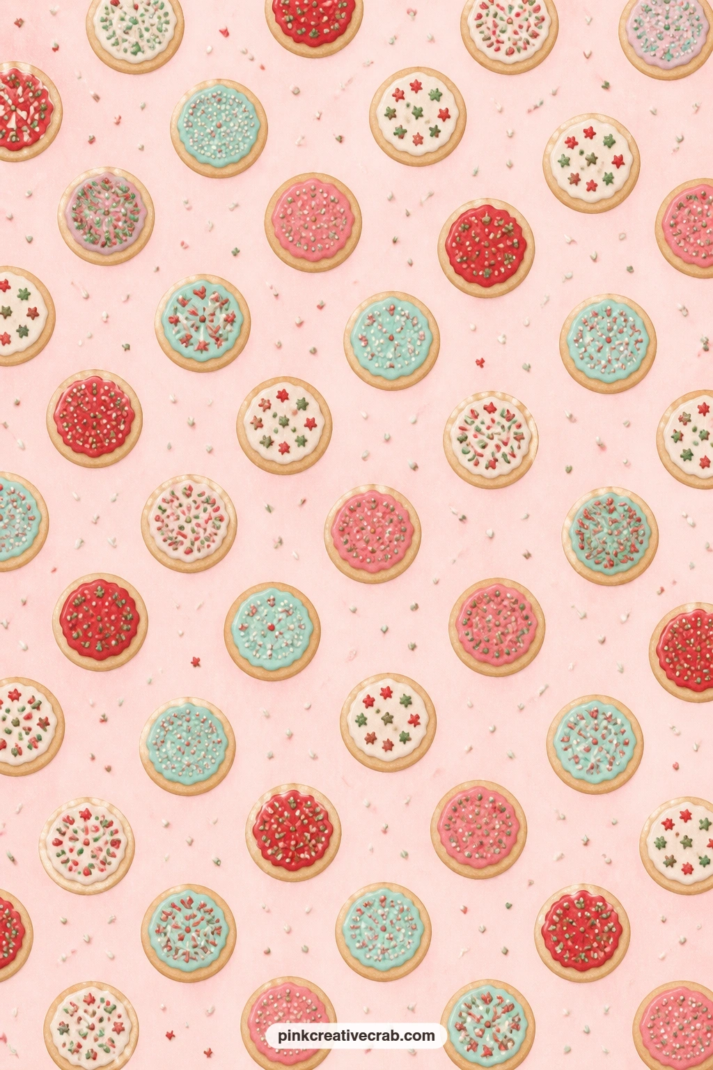 Cookie and Sprinkle Toss Paper printable page — Christmas cookies with sprinkles scatter over pale pink, a good companion to the gingerbread sheet or the