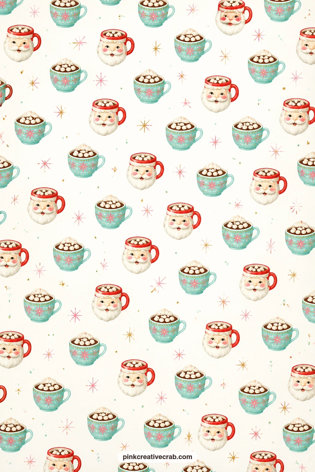 Santa Mug Cocoa Paper printable page — Santa mugs and cocoa cups with marshmallows toss across white, useful as a book cover for a small cozy-season recipe