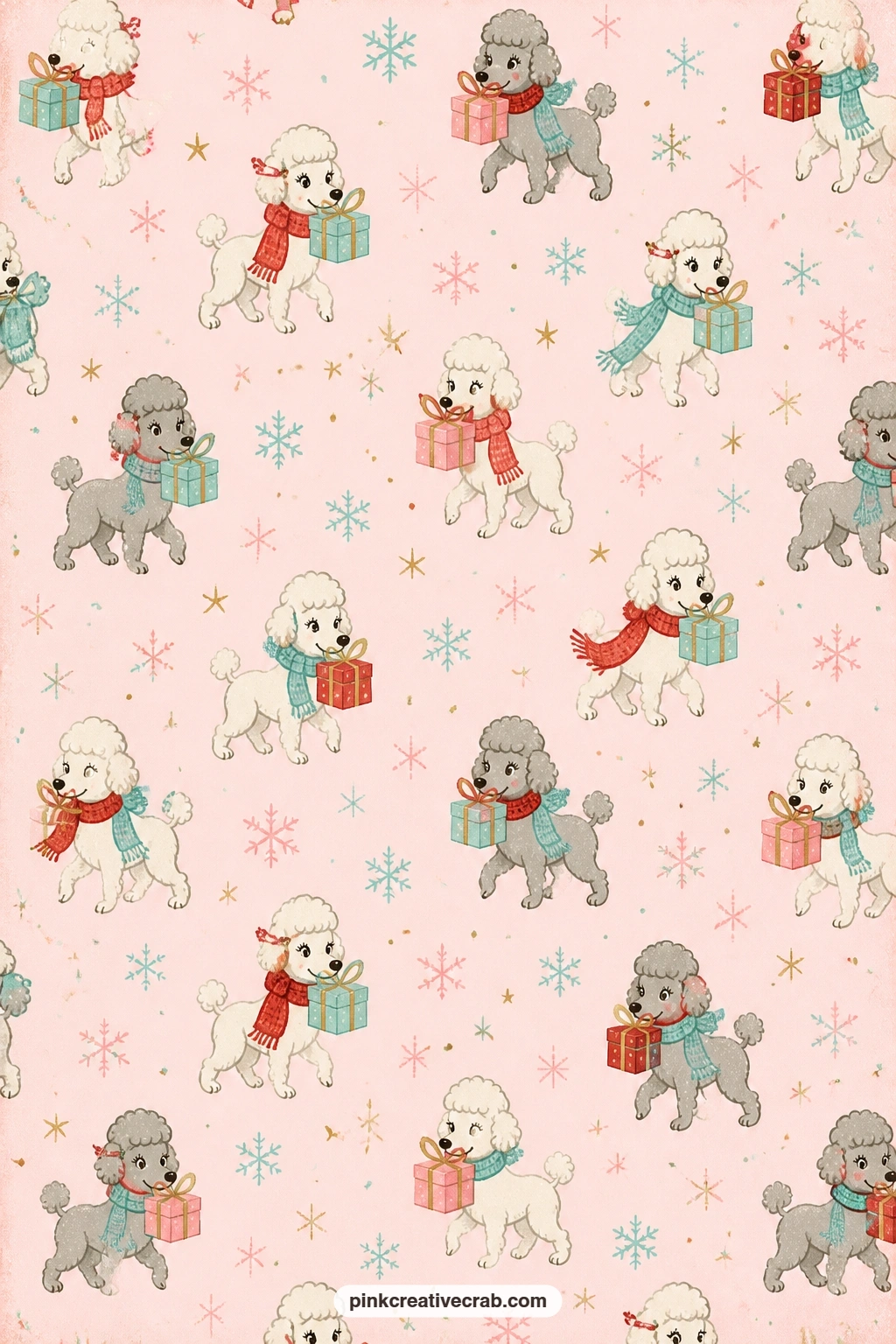 Poodle in Scarf Gift Paper printable page — Tiny poodles in scarves carry gift boxes across pale pink, a playful lining for an envelope or the inside of a gift