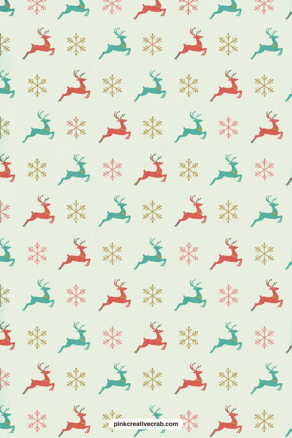 Reindeer Snowflake Half-Drop Paper printable page — Leaping reindeer alternate with snowflakes in a half-drop repeat on mint, a calm base for a journal page