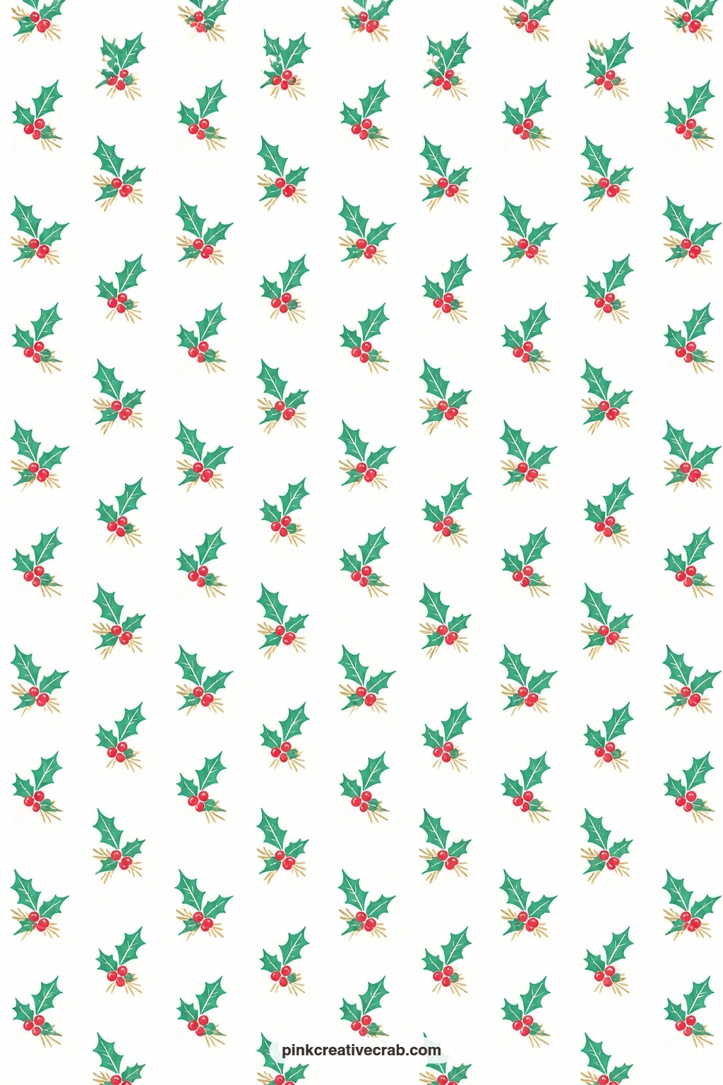 Holly Sprig Berry Paper printable page — Holly sprigs and red berries repeat in a tidy half-drop pattern on white, a clean mat behind a sticker or a small