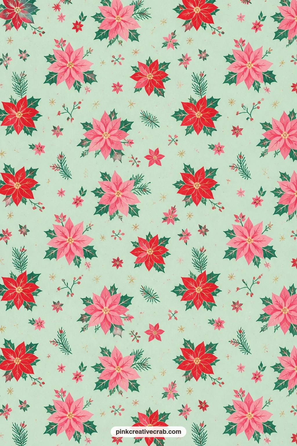 Pink Poinsettia Paper printable page — Pink and red poinsettias with green leaves spread across mint, pairing well with the Christmas flowers junk journal
