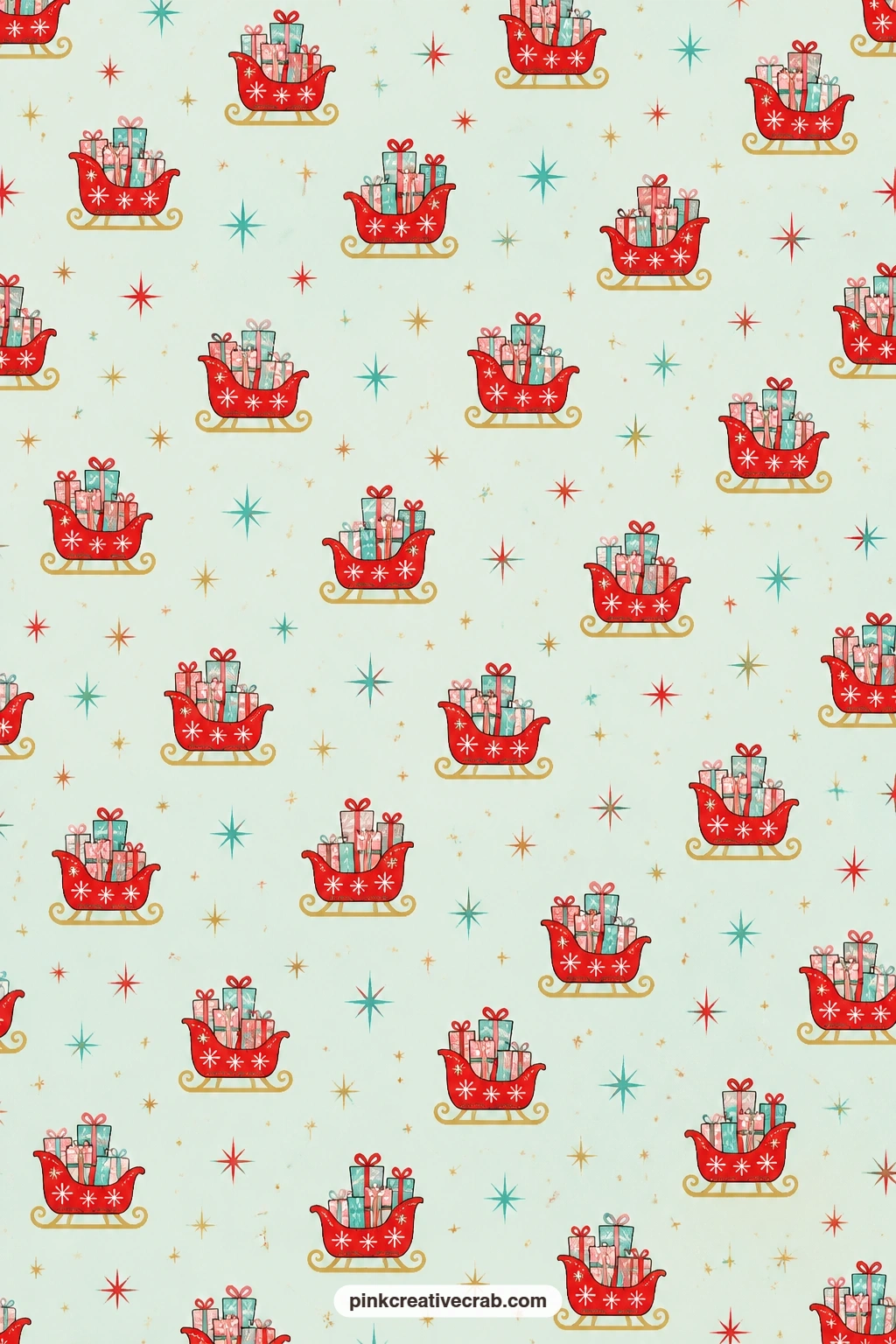 Red Sleigh Scatter Paper printable page — Red sleighs full of gifts scatter across mint with small stars between them, a sturdy wrap for a mid-sized present