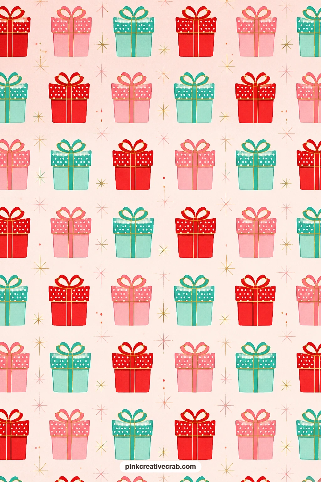 Polka Dot Gift Box Grid Paper printable page — A grid of gift boxes with polka-dot lids covers pale pink, a tidy base for a card mat or the lining of a small