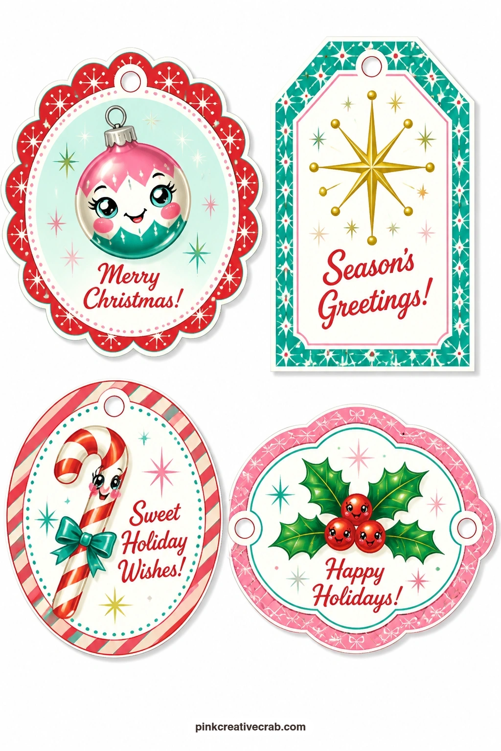 Shiny Brite Tags printable page — Scalloped tag, luggage tag, round tag and oval label share this sheet, each dressed in its own retro pattern: a tiny Shiny