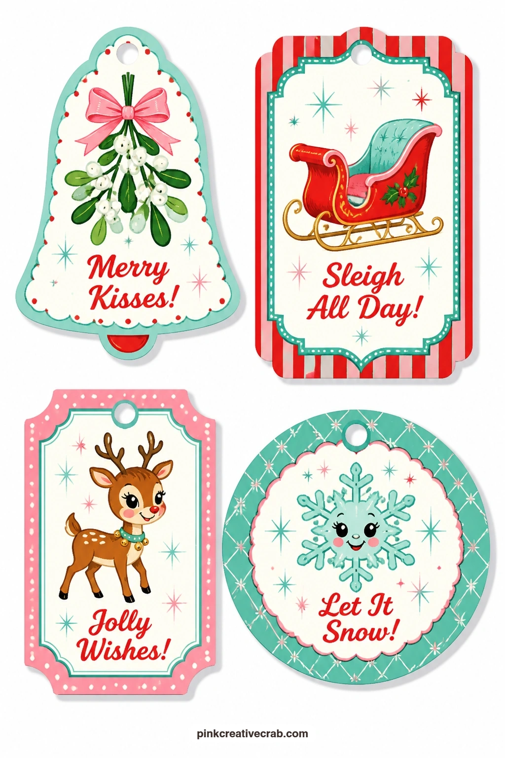 Mistletoe And Sleigh Tags printable page — Bell-shaped tag with mistletoe, rectangular label with a red sleigh, ticket tag with a tiny reindeer and a round tag