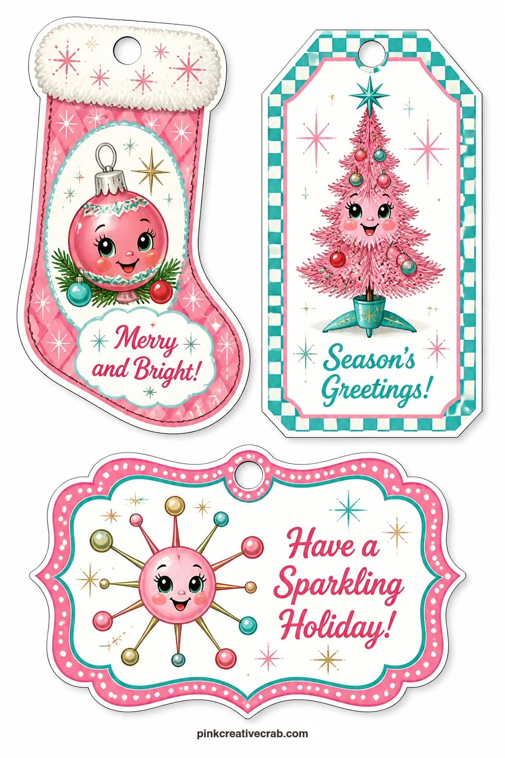 Pink Tree And Sputnik Tags printable page — Love the pink aluminum tree look. Retro christmas gift tags