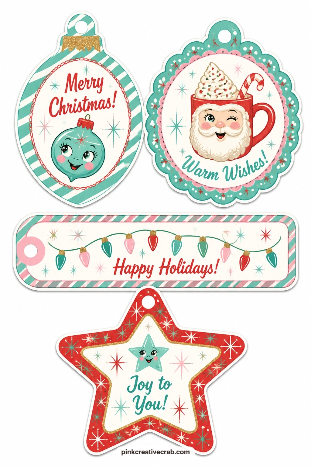 Teal Stripe And Bulb String Tags printable page — Ornament-shaped tag with a teal stripe, scalloped circle with a Santa mug, long label with a string of bulbs