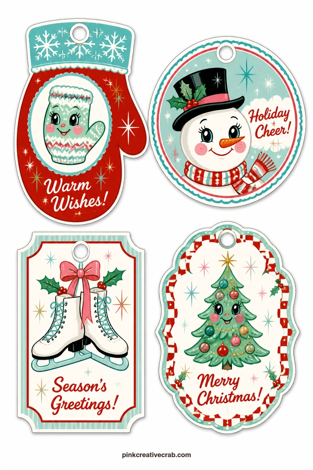 Mitten And Skates Tags printable page — Mitten-shaped tag with a snowflake cuff, round tag with a snowman face and a ticket tag with ice skates bring a playful